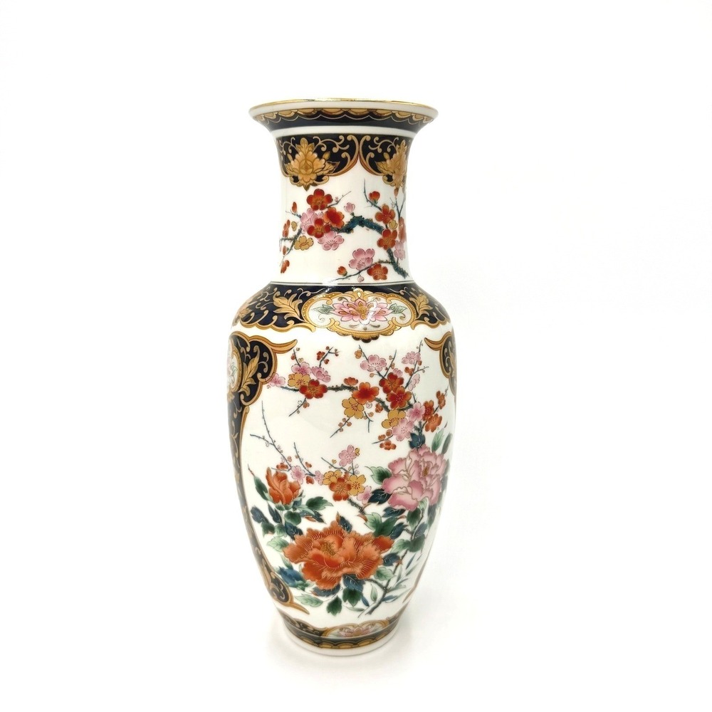 Otagiri Japan Porcelain Floral Imari Style Vase Cobalt Blue Gold Gilt Trim